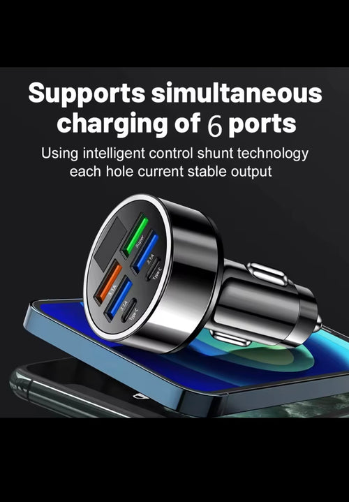 6-in-1 Fast Charging Car Adapter 3.1A Dual Type-C Digital Display Smartphones Tablets Power Banks Black Portable Charger