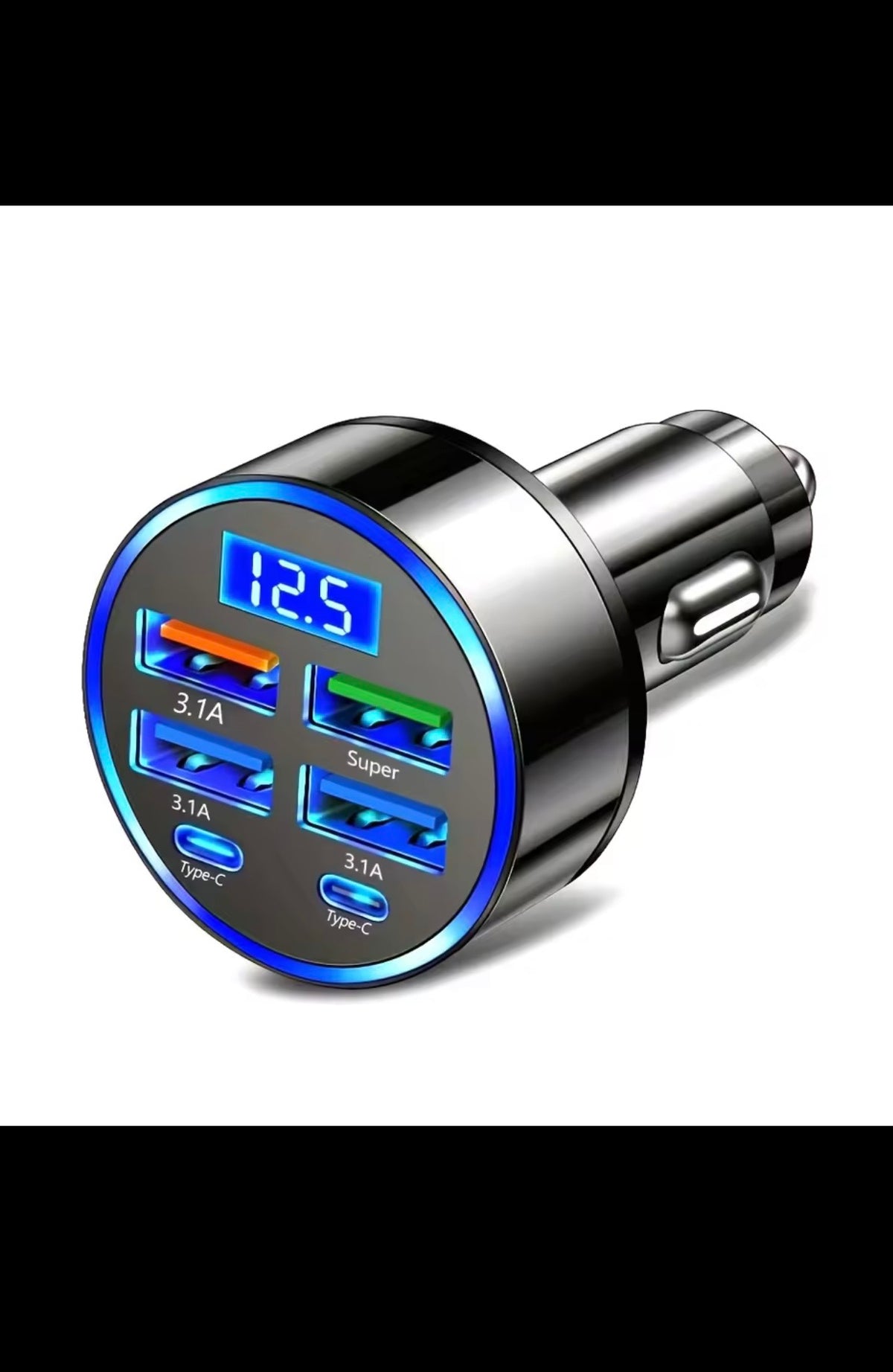 6-in-1 Fast Charging Car Adapter 3.1A Dual Type-C Digital Display Smartphones Tablets Power Banks Black Portable Charger