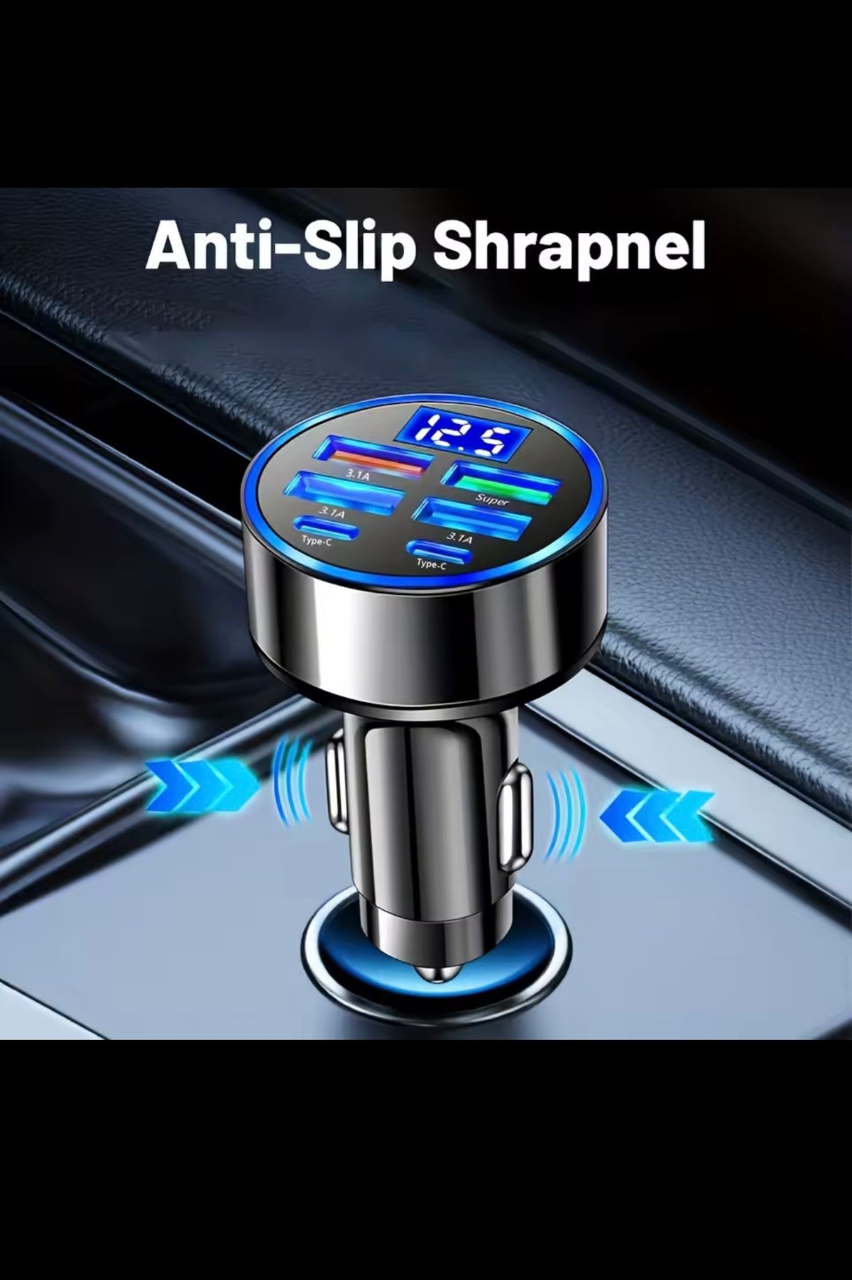 6-in-1 Fast Charging Car Adapter 3.1A Dual Type-C Digital Display Smartphones Tablets Power Banks Black Portable Charger