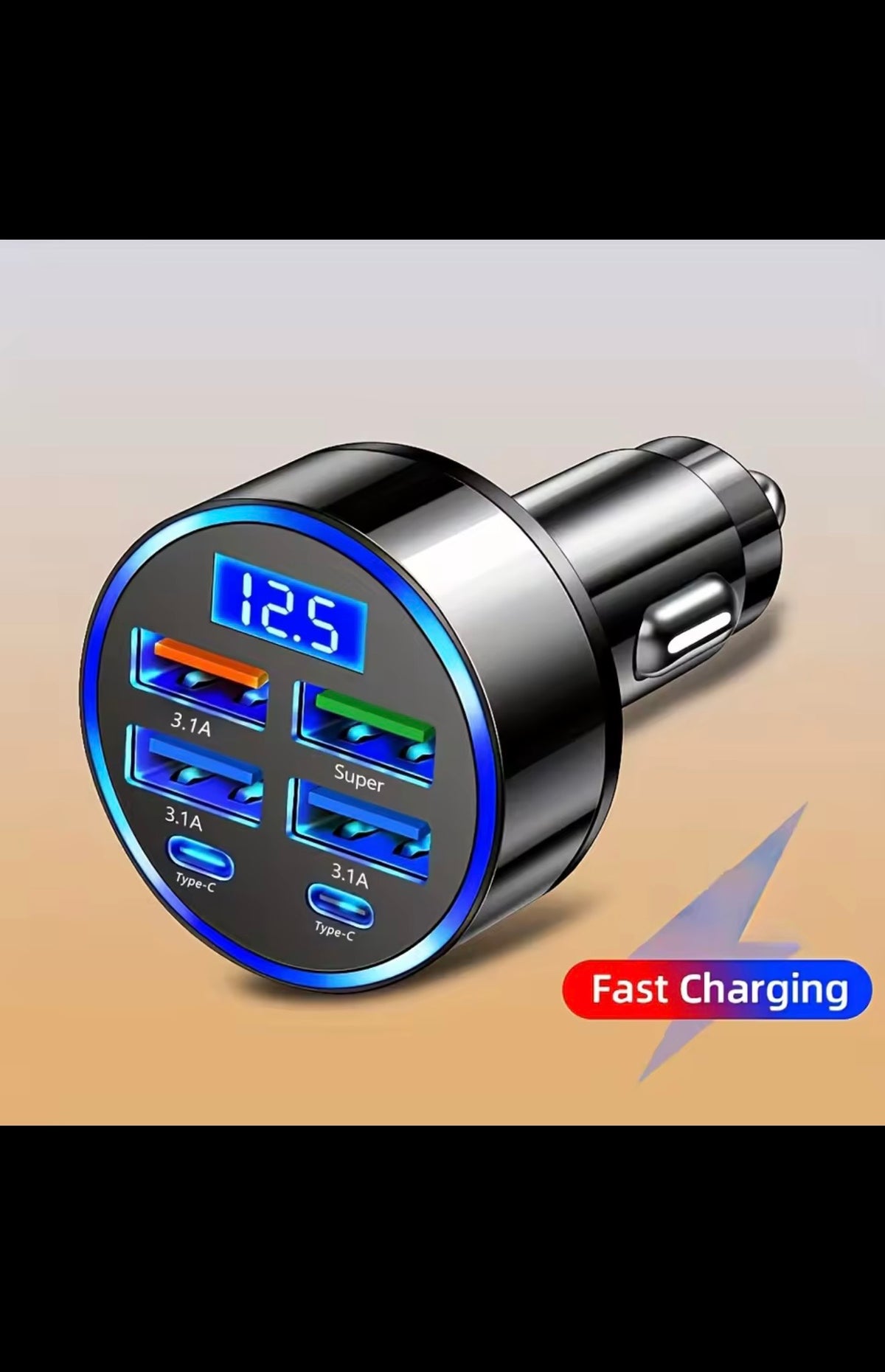 6-in-1 Fast Charging Car Adapter 3.1A Dual Type-C Digital Display Smartphones Tablets Power Banks Black Portable Charger