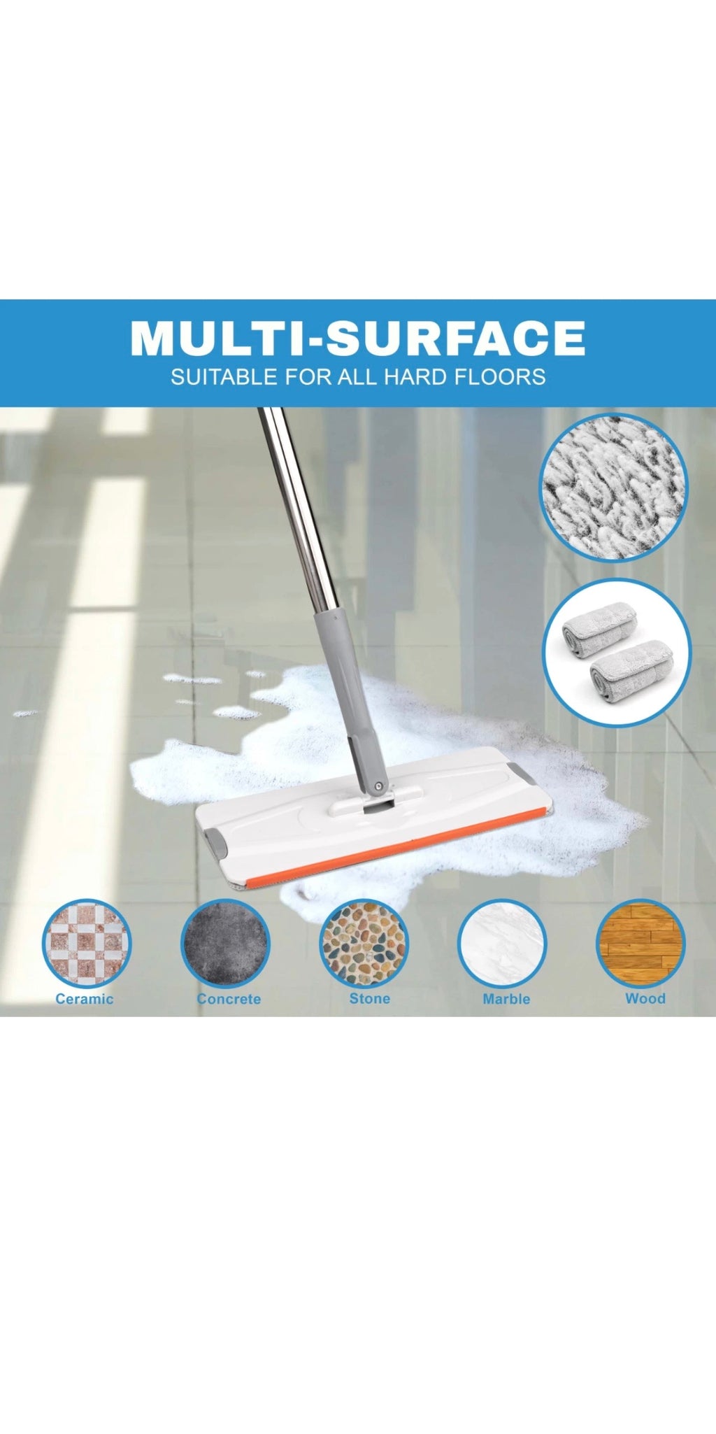 Flat Mop Bucket Set Head 4x Microfibre Pads Floor Kitchen Cleaning