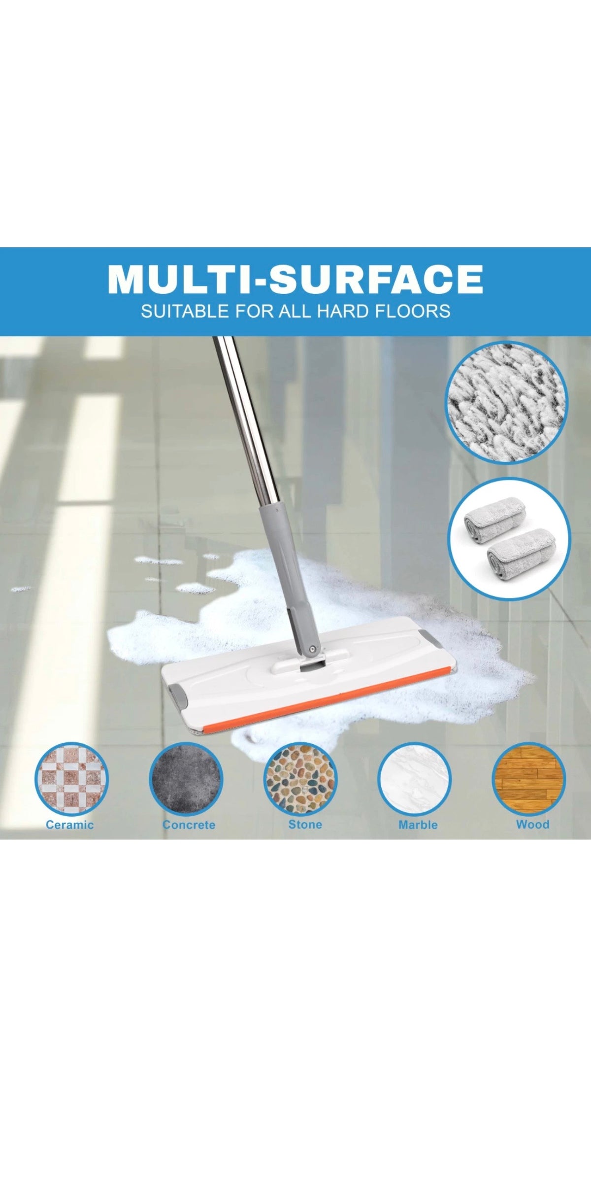 Flat Mop Bucket Set Head 4x Microfibre Pads Floor Kitchen Cleaning