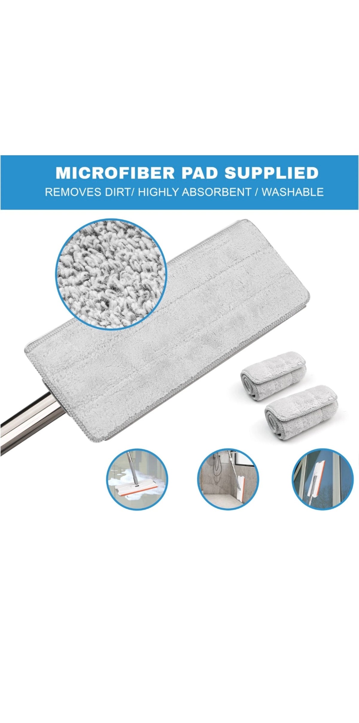 Flat Mop Bucket Set Head 4x Microfibre Pads Floor Kitchen Cleaning