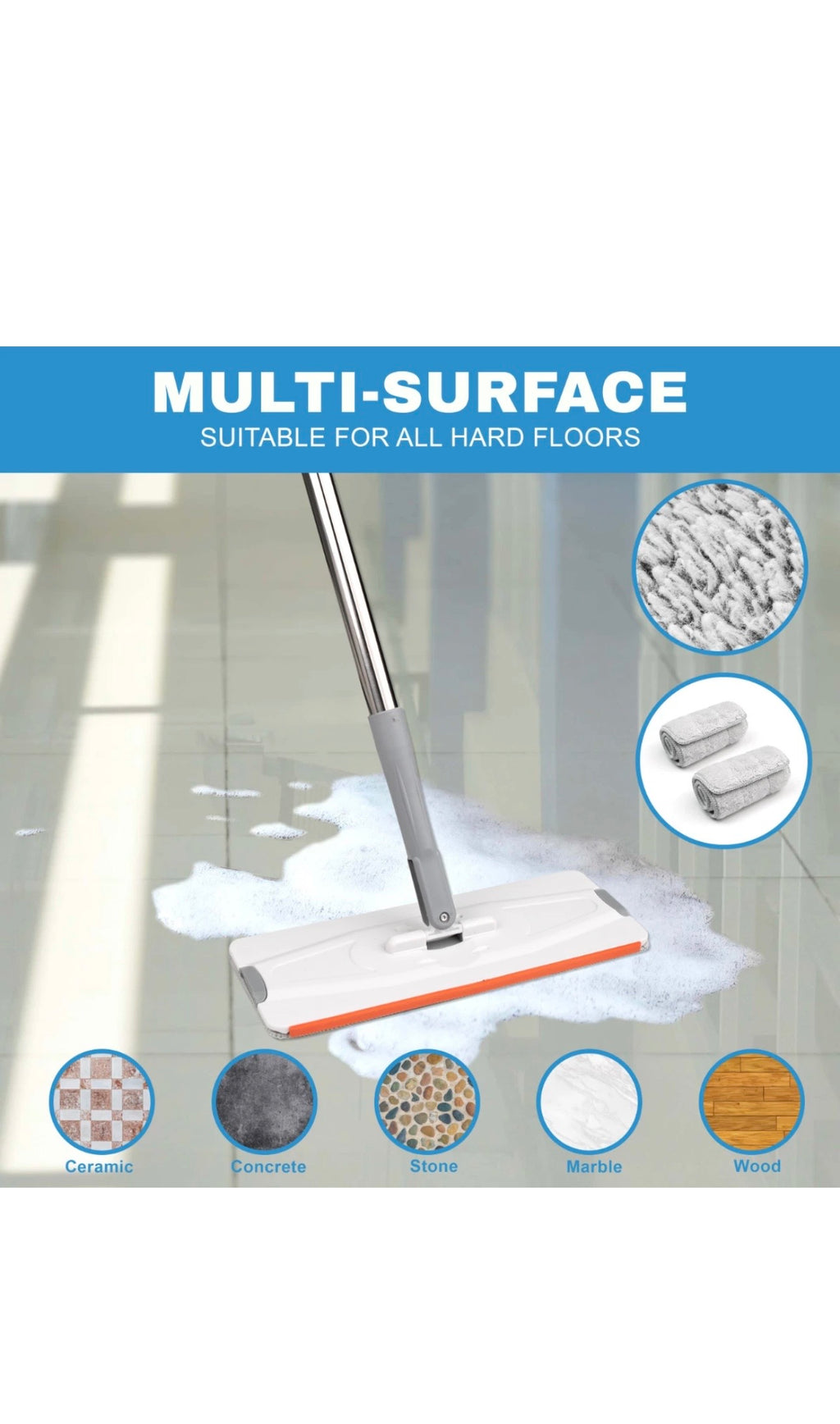 Flat Mop Bucket Set Head 4x Microfibre Pads Floor Kitchen Cleaning