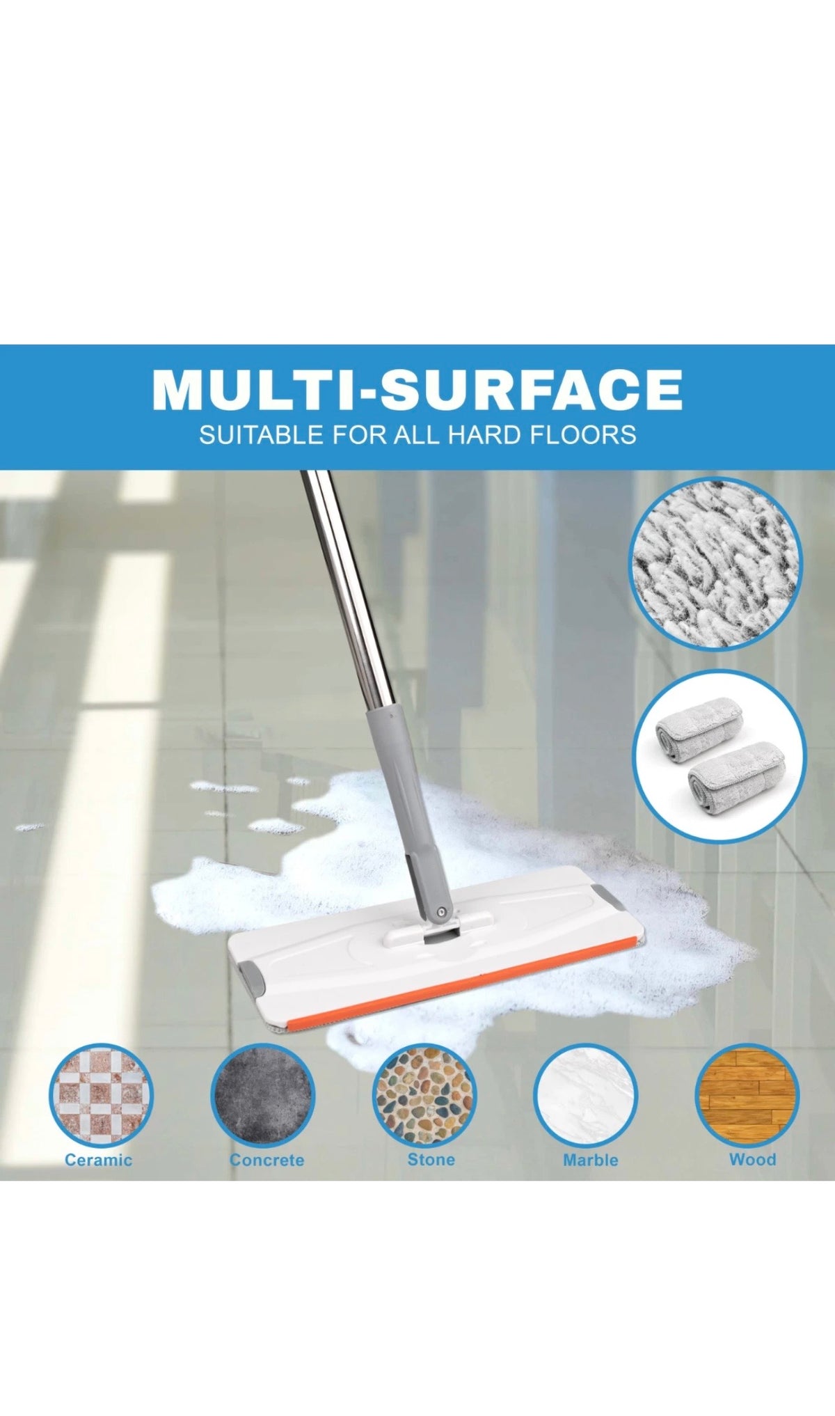 Flat Mop Bucket Set Head 4x Microfibre Pads Floor Kitchen Cleaning