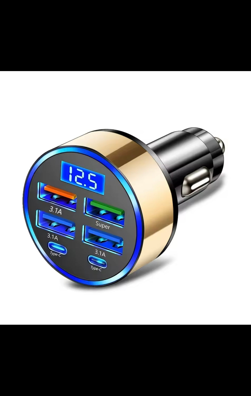 6-in-1 Fast Charging Car Adapter 3.1A Dual Type-C Digital Display Smartphones Tablets Power Banks Black Portable Charger